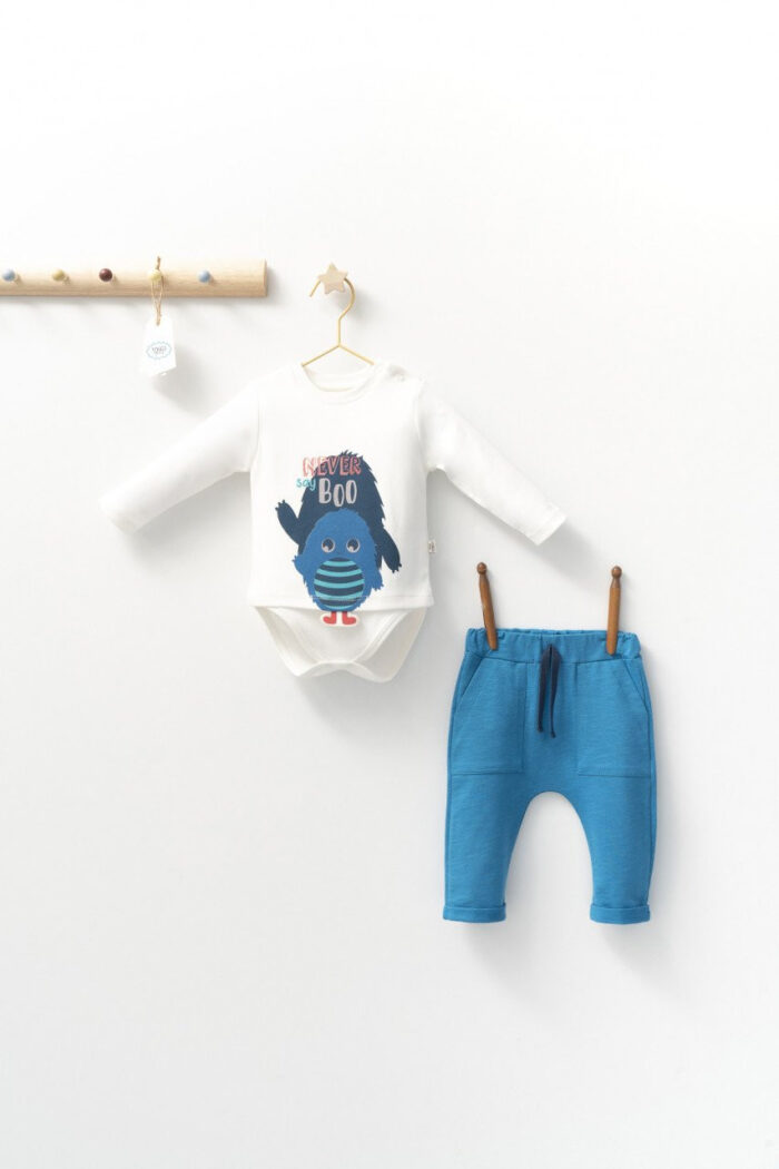 Set cu pantalonasi cu buzunare si body cu maneca lunga pentru bebelusi Monster Tongs baby Culoare Albastru Marime 6 9 luni