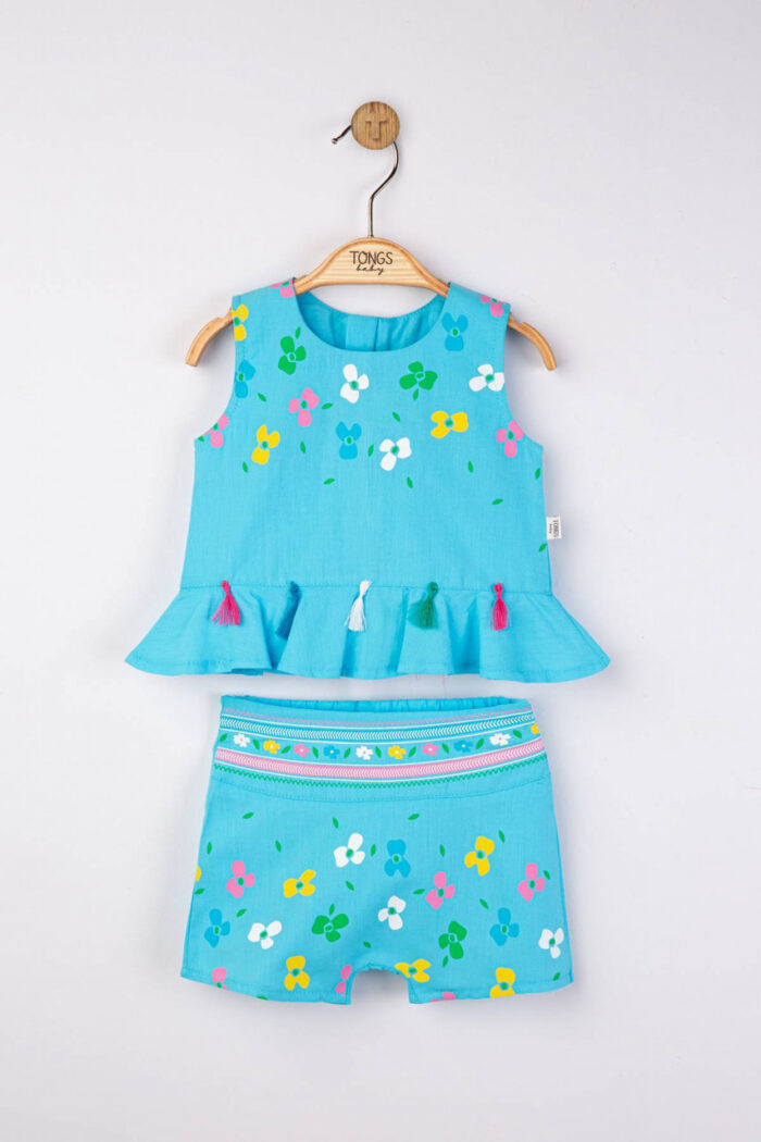 Set elegant bluzita de vara cu pantalonasi pentru fetite Ciucurasi Tongs baby Culoare Albastru Marime 6 9 luni 1