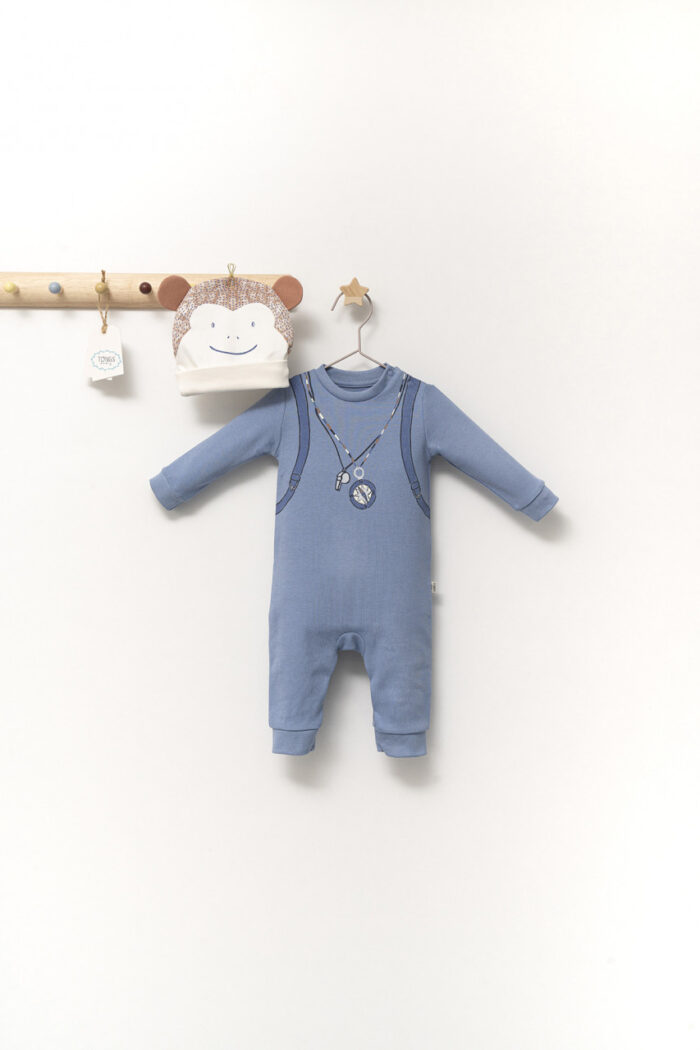 Set salopeta cu caciulita cu urechiuse pentru bebelusi Ursulet Tongs baby Culoare Albastru Marime 6 9 luni